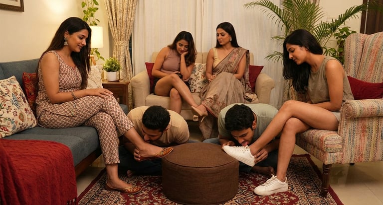 four indian girl sitting in room two men kiss on feet