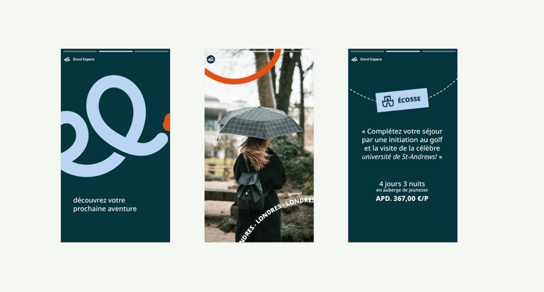 Déclinaison de l'identité visuelle d'envol espace, leader du voyage scolaire par Tuuk studio
