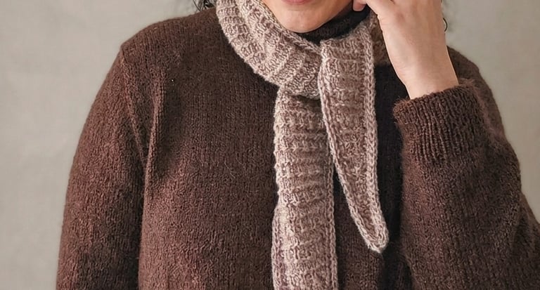 Woman wearing a chocolate brown sweater and a cosy beige scarf