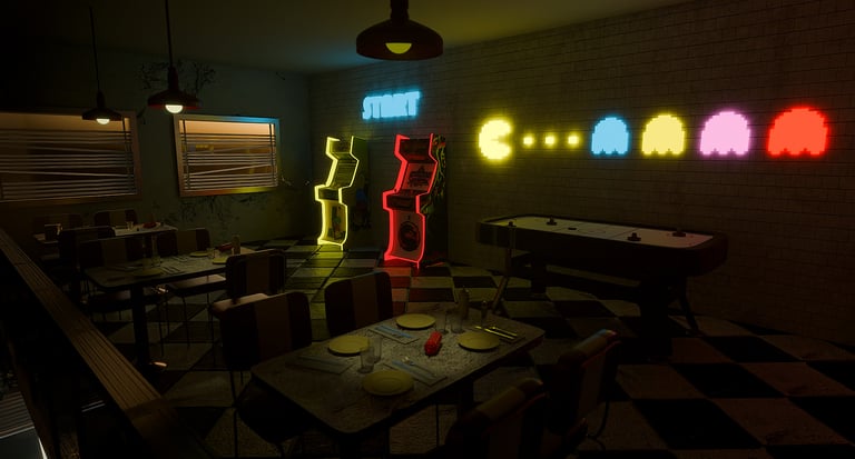 Restaurante con luz oscura, máquinas recreativas de los años 80 y unos led's en la pared.