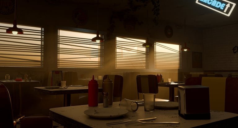 Mesa con cubiertos, vasos y botes de salsas de un restaurante y al final la luz del sol entrando por la ventana.