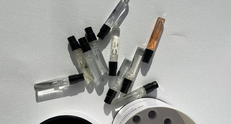 Una variedad de pequeños frascos de muestra de perfume esparcidos.