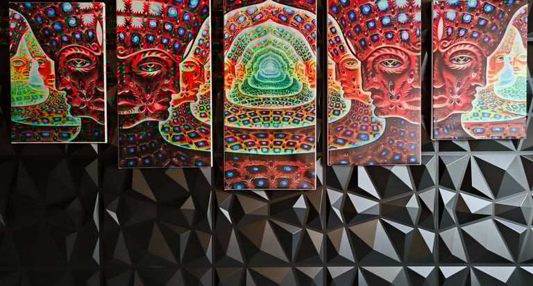 a group of four paintings of a man with a cat