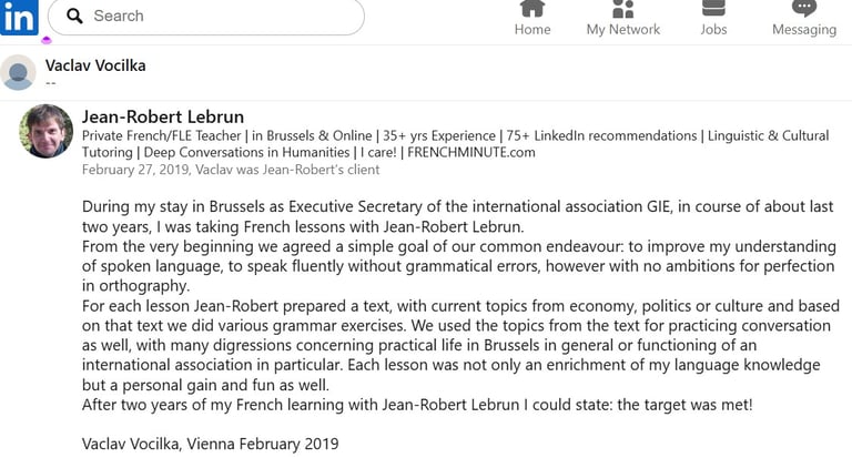 V. Vocilka's LinkedIn testimonials | J.-R. Lebrun, French teacher | Brussels av. Couronne | bus 95