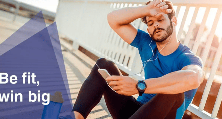 man sitting down mid jog, text 'be fit, win big'