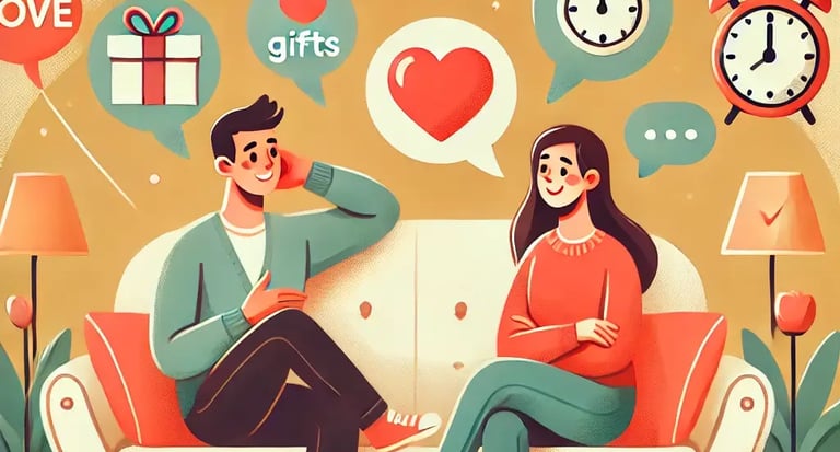Cartoon illustration of a loving couple having a deep conversation, with love language icons floating above them, symbolizing