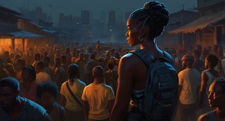 Group of Black people filling the streets, with a Black woman wearing a backpack.
