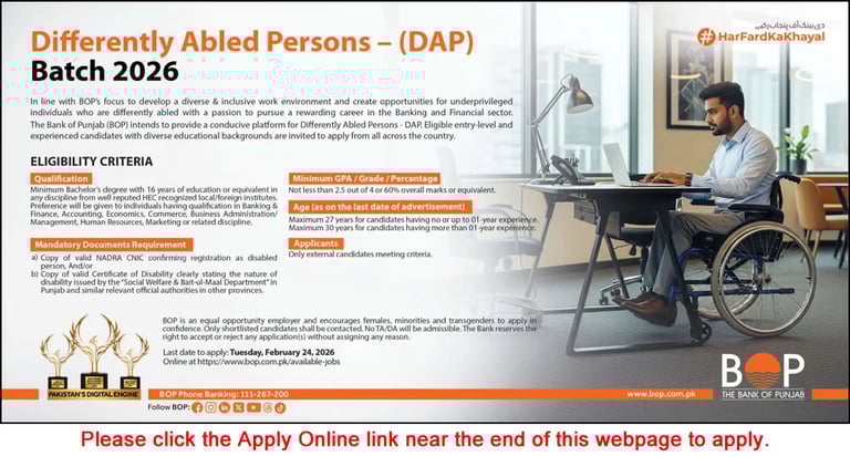 Bank of Punjab Jobs February 2026 Apply Online for Differently Abled Persons DAP BOP Latest