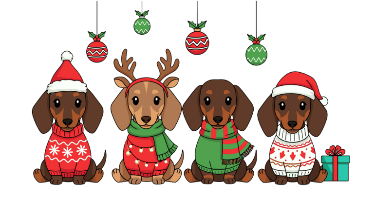 three dogs dressed in christmas attire, including a reindeer