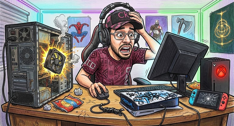 Um gamer com setup de baixo orçamento, mostrando que é possível superar obstáculos para evoluir.
