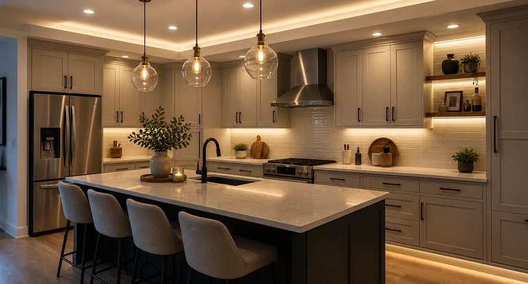 Modern kitchen with a large island, grey cabinets, and elegant globe pendant lighting.