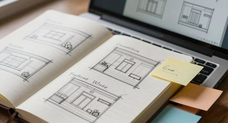 Close-up of a notebook with handwritten site structure sketches and sticky notes beside a laptop screen showing wireframe layouts, natural window light, process-focused work-in-progress feel