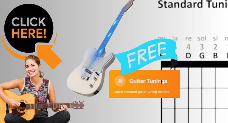 A woman playing an acoustic guitar next to a standard guitar tuning chart and a blue electric guitar.