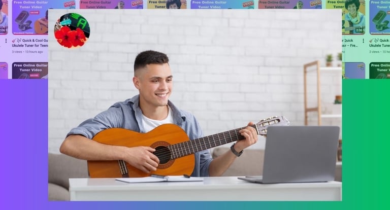 Smiling young man practicing acoustic guitar while following a free online tuner video on his laptop.