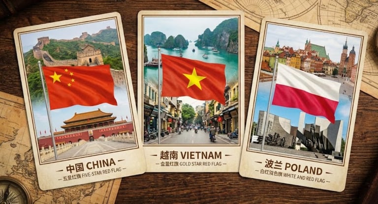 Map comparing playing card manufacturing hubs in China, Vietnam, and Poland for Kickstarter creators
