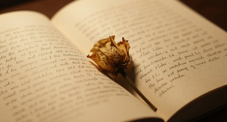 Open journal with handwriting and dried flower pressed between pages in warm light