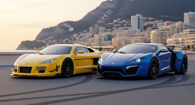 two supercars parked on a street in front of a mountain
