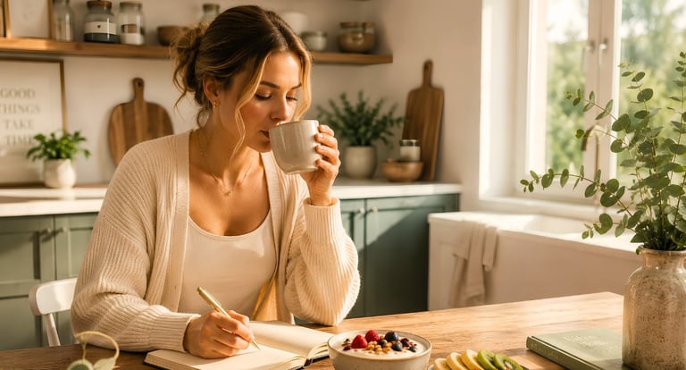 Woman enjoying a healthy breakfast and journaling during a calm morning routine to reduce stress.