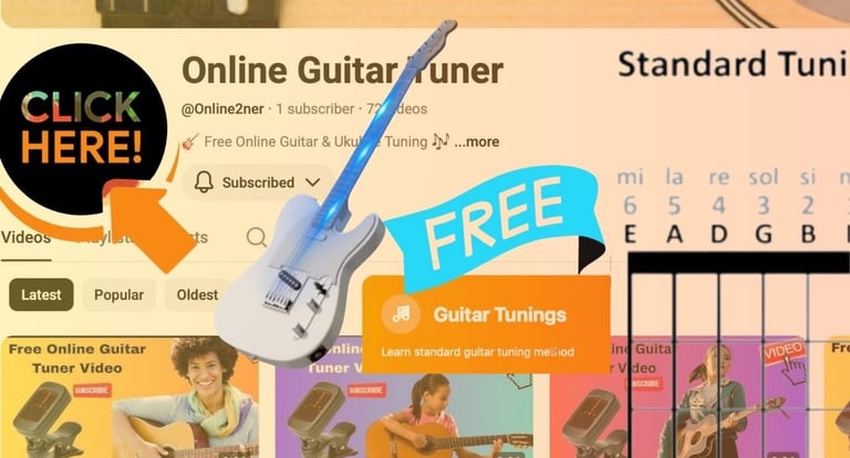 Screenshot of an online guitar tuner channel with video tutorials for standard tuning.