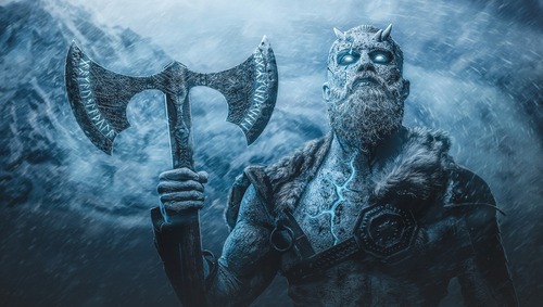 Fantasy frost giant with glowing blue eyes holding a runic double-headed axe in a snowstorm.