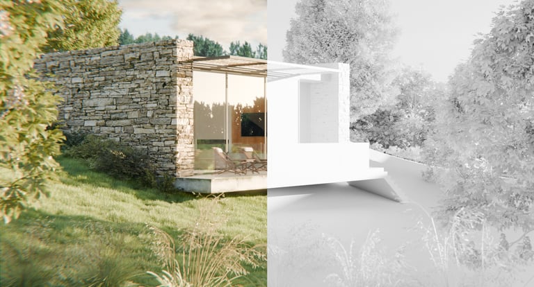 Render of a house with stone walls and large windows