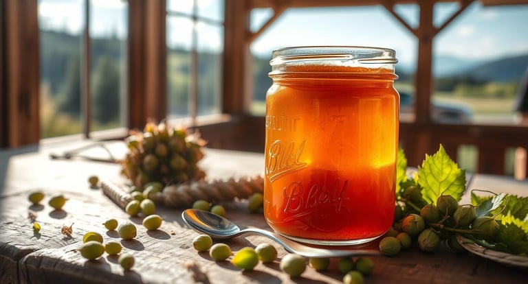 beer jelly in mason jar with hops around it