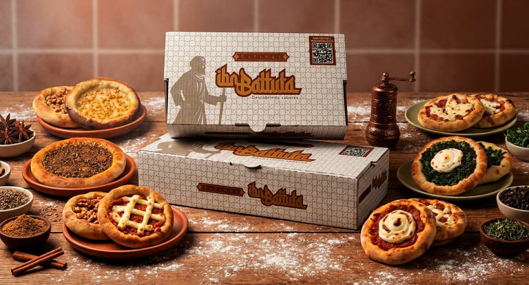 Embalagem personalizada Ibn Battuta com identidade visual aplicada em caixas de esfihas árabes acomp