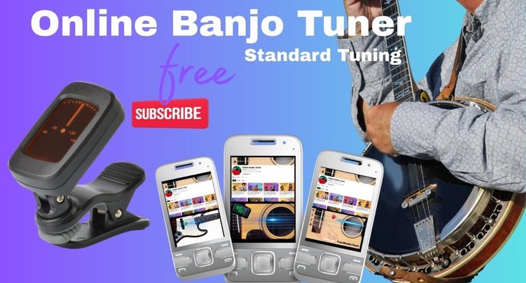 A free online banjo tuner app displayed on smartphones next to a banjo player