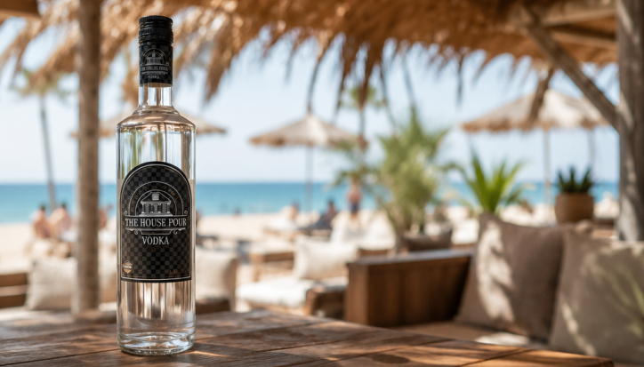 The House Pour Vodka op een beachclubterras aan zee tijdens een zonnige zomerdag.