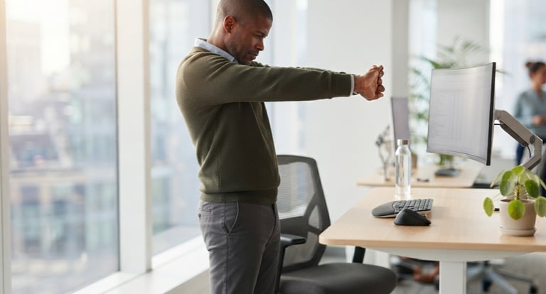 Remote worker performing upper back stretch during a work break