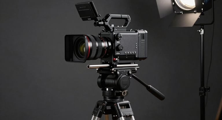 A minimalist dark studio background with a spotlight on a high-end cinema camera tripod in a North American setting.