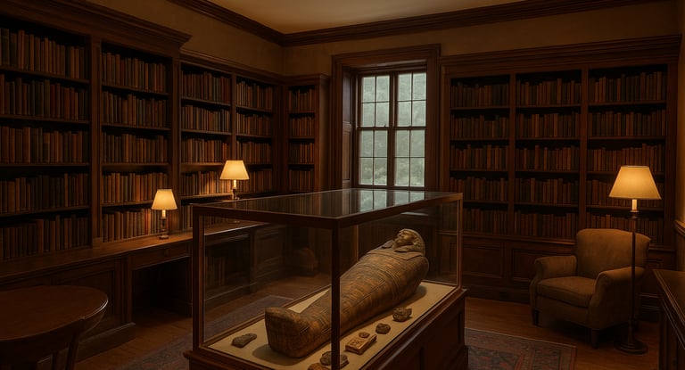 A cozy historic library room with a glass case displaying an ancient Egyptian mummy and artifacts, warm lighting and wooden s