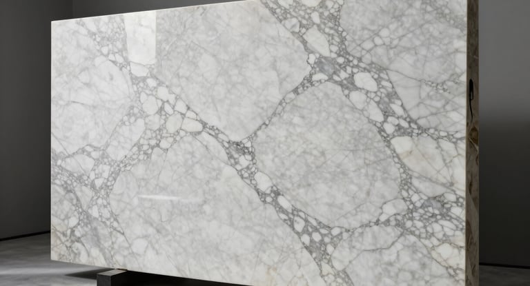 Massive Calacatta marble slab standing upright in a minimalist luxury showroom, soft diffused studio light, high-contrast veining.