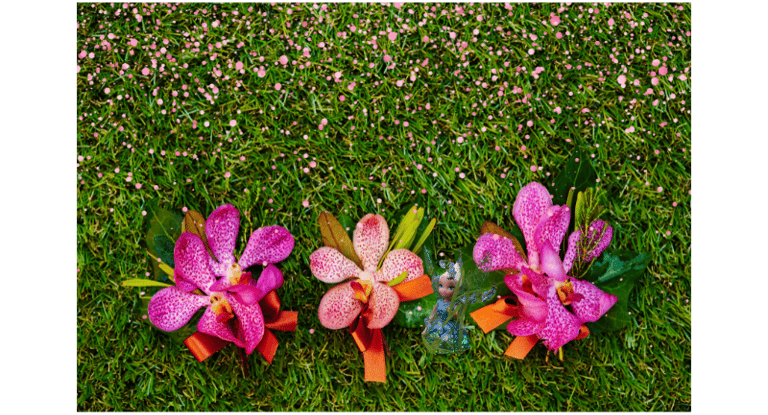 Fairy garden table runner three orchids in a row of flowers