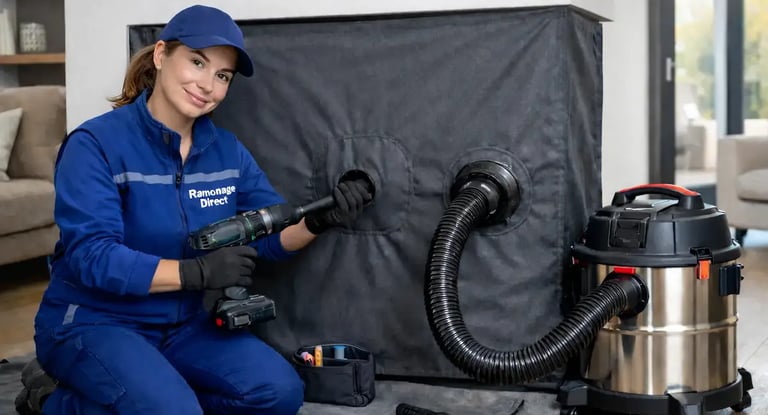 Ramoneur à Nantes effectuant un ramonage rotatif de cheminée avec bâche anti-poussière et aspiration professionnelle