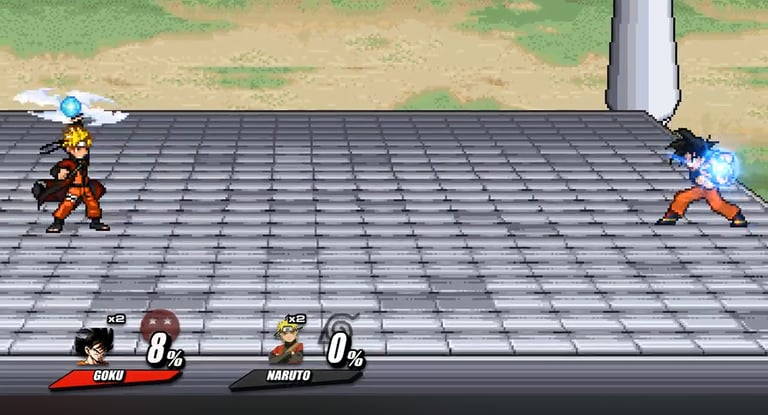 Pixel art battle between Goku and Sage Mode Naruto by Nightflare SSF2 in a 2D anime fighting arena.