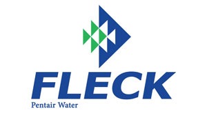 Fleck Pentair Water logo featuring a blue arrow and green diamond patterns for water filtration systems.