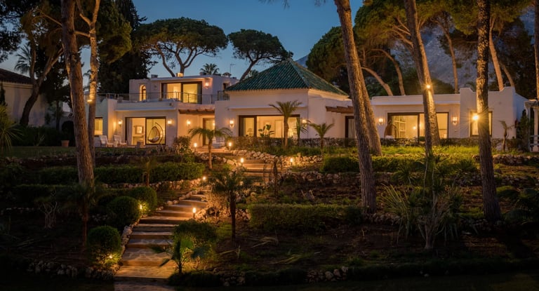 Evening exterior view with landscaped gardens and illuminated façade