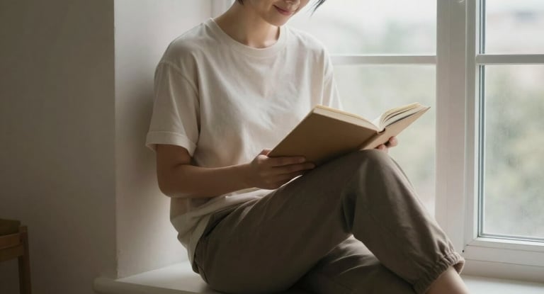 Person holding closed journal with private smile on window ledge in reflective mood of self-discover