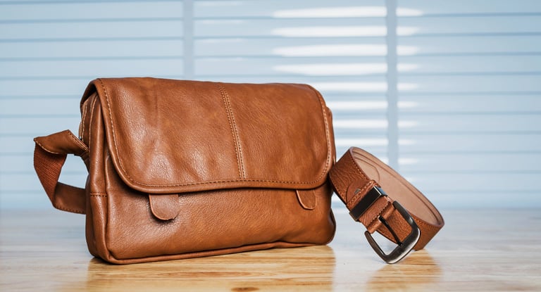 Vintage travelling for men's accessories, brown bag and belt put on modern wooden desk table in the office