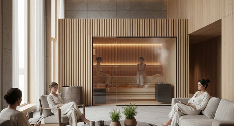 A sophisticated, minimalist architectural photo of a modern wellness club interior