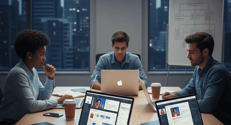 Students working at laptops in a dim-lit room creating email marketing campaigns