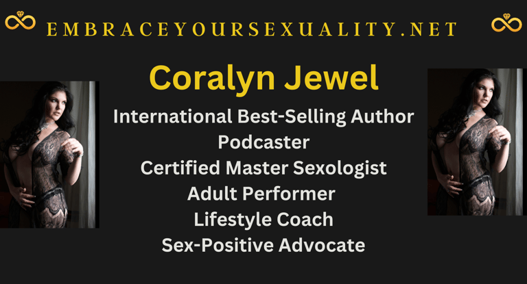 Banner of Coralyn black lace gown with link to podcast page & lists her resume & career experience