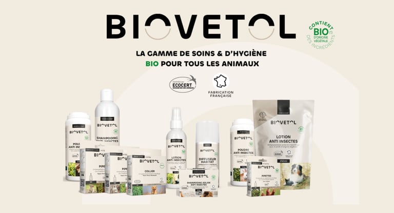 Produits Biovetol certifiés Ecocert, soins et hygiène bio pour animaux, fabrication française à base d’ingrédients d’origine 