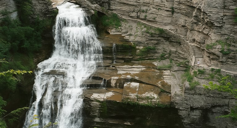 A towering waterfall plunging 115 feet down layered shale cliffs into a rocky gorge, surrounded by dense hardwood forest in a