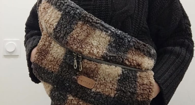 une femme portant un sac banane lilyboo, la Bestie avec les mains dans la poche kangourou