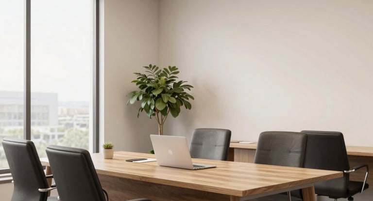 A warm, professional image of a Black businesswoman assisting a client in a modern office setting with royal blue and canary yellow accents.