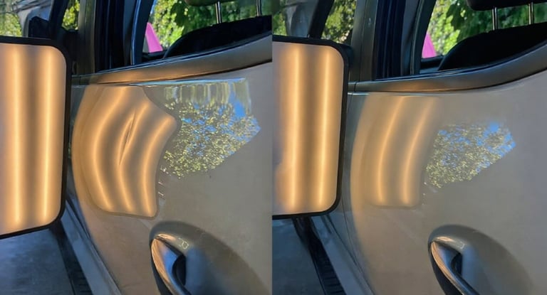 Before and after paintless dent repair on a white car door using professional LED light reflection.