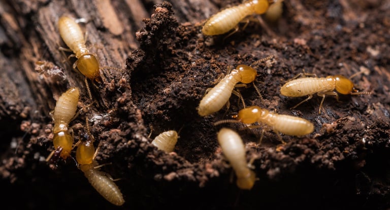 Macro shot of subterranean termites crawling on damaged wood and soil for pest control identification.
