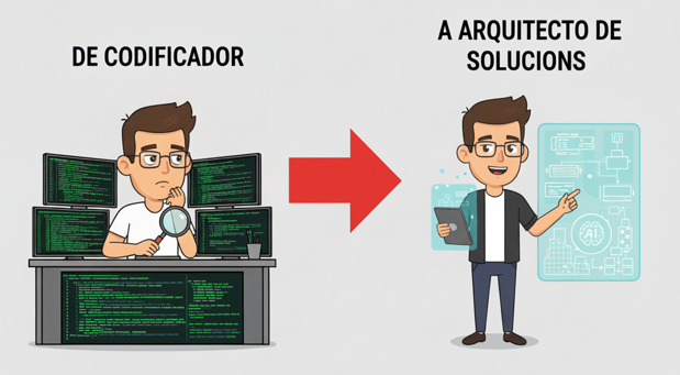 un meme del paso del codificador al arquitecto de soluciones